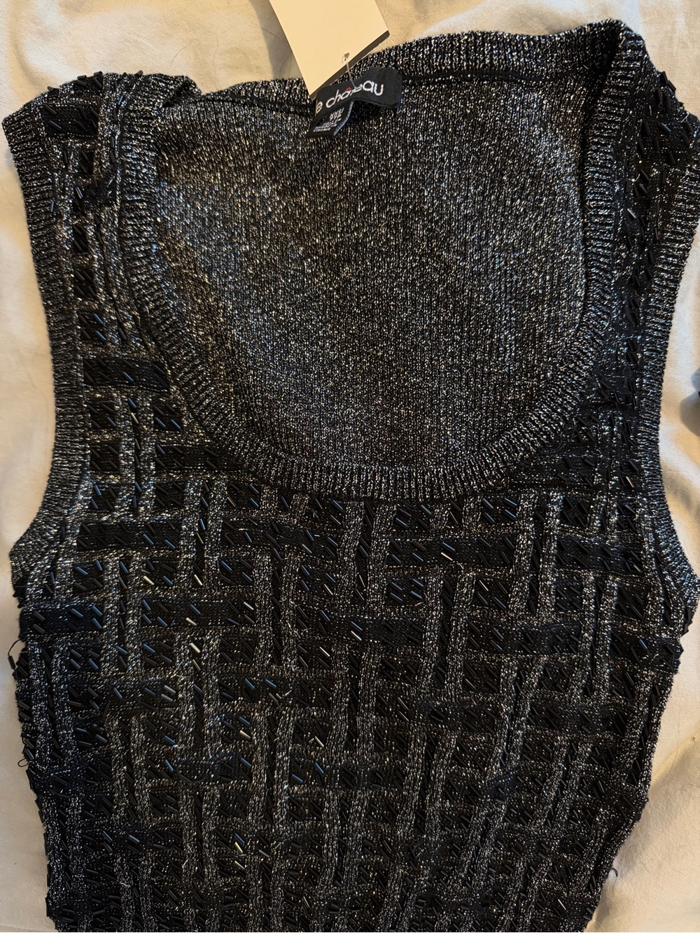 Black Metallic Knit Beaded Tank Top